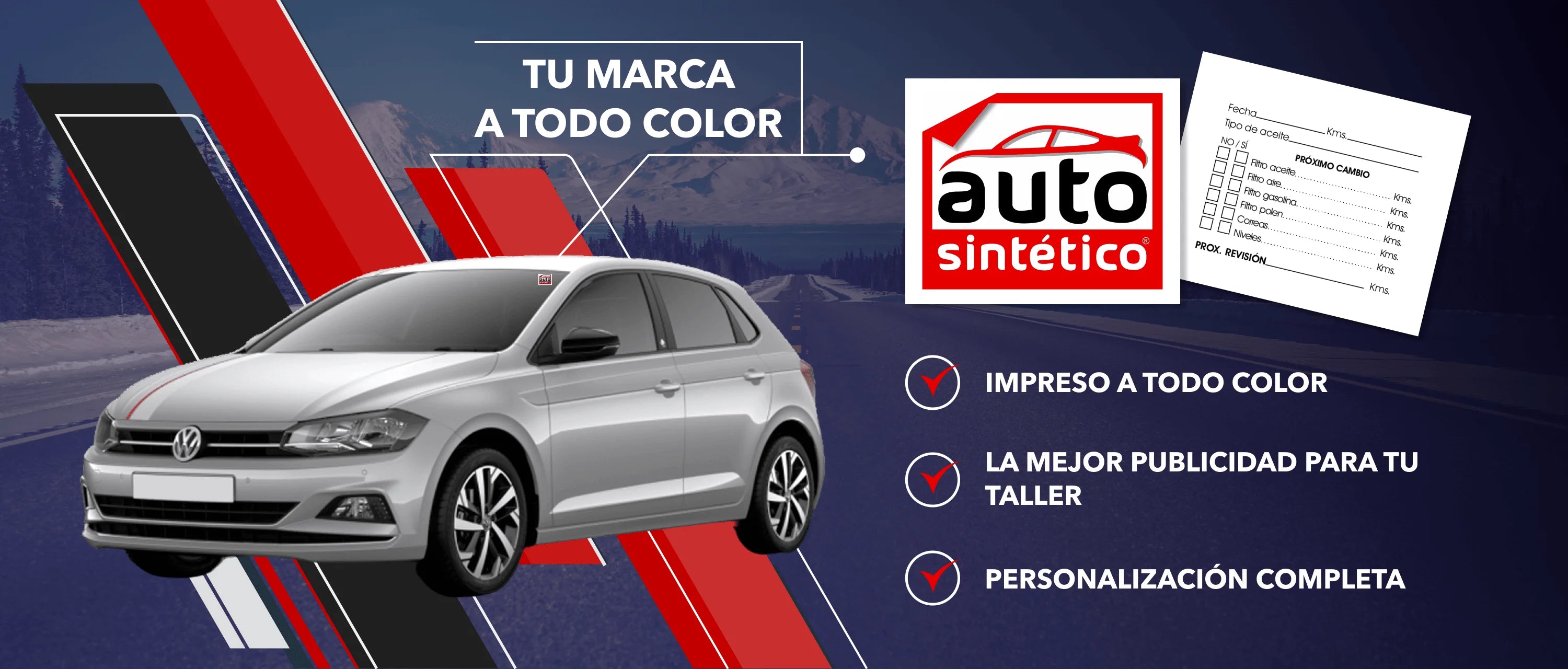 Publicidad para talleres mecánicos con etiquetas de mantenimiento de Autosintetico. Coche Volkswagen con pegatina de mantenimiento personalizada e impresa a todo color. Solución ideal frente a opciones como los autoestaticos para una personalización completa de marcas y promociones en talleres.