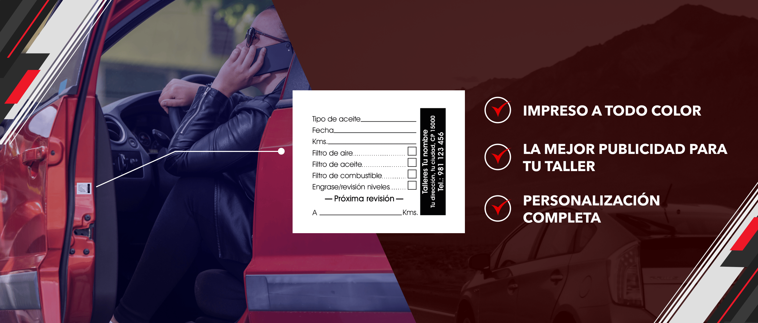 Pegatina de mantenimiento personalizada de Autosintetico impresa a todo color en la puerta de un coche. Publicidad eficaz para talleres mecánicos, con opción de personalización completa para promocionar marcas. Alternativa destacada frente a los autoestaticos.