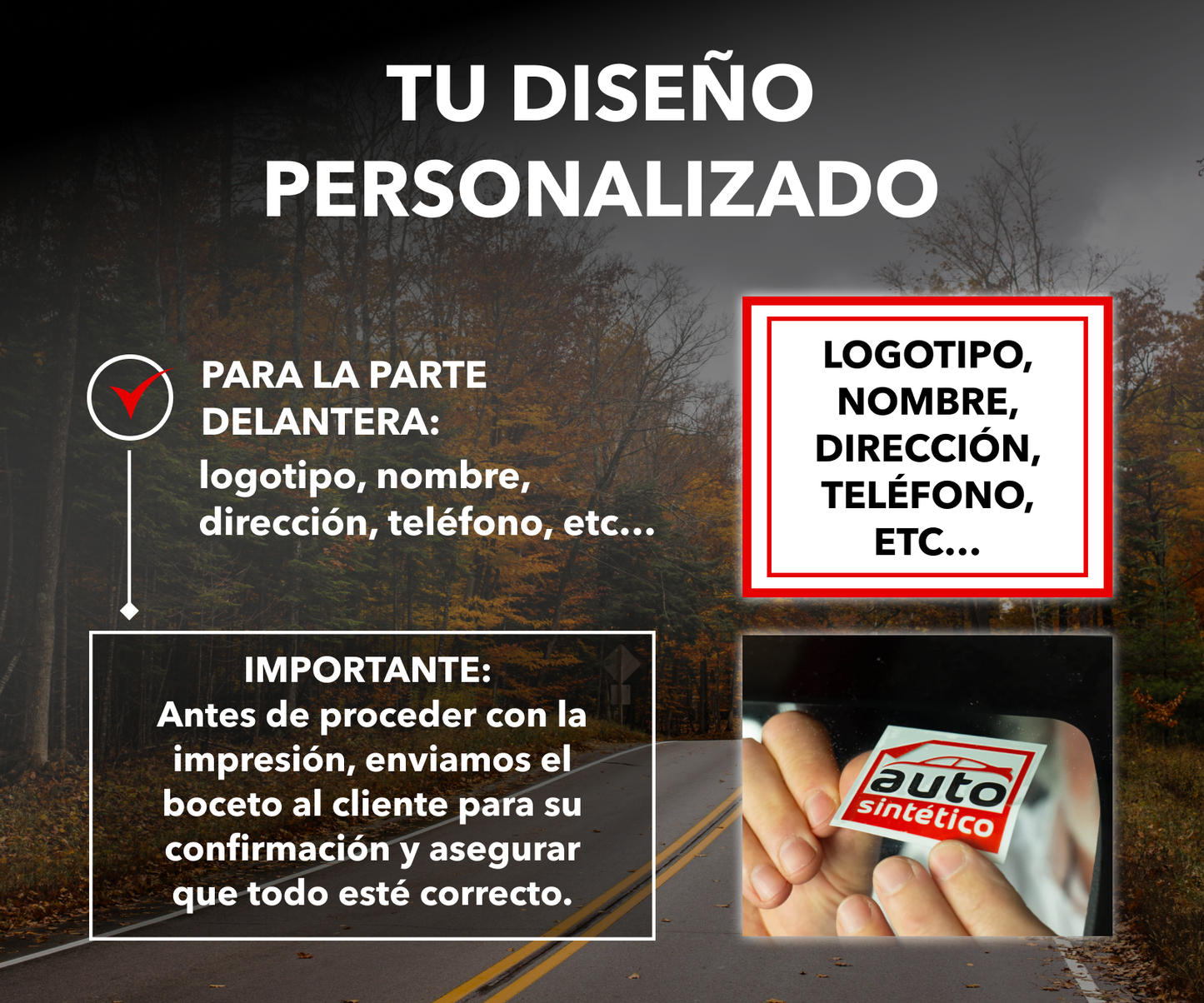 Pegatina de mantenimiento de Autosintético para coches, mostrando detalles personalizables como dirección y teléfono del taller