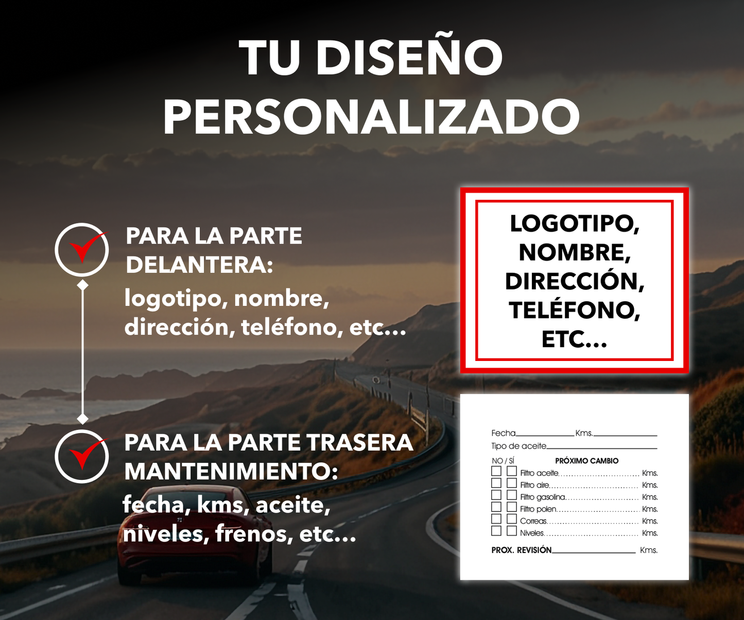 Pegatina de mantenimiento de Autosintético para coches con logotipo y teléfono del taller, diseñada para seguimiento de revisiones.