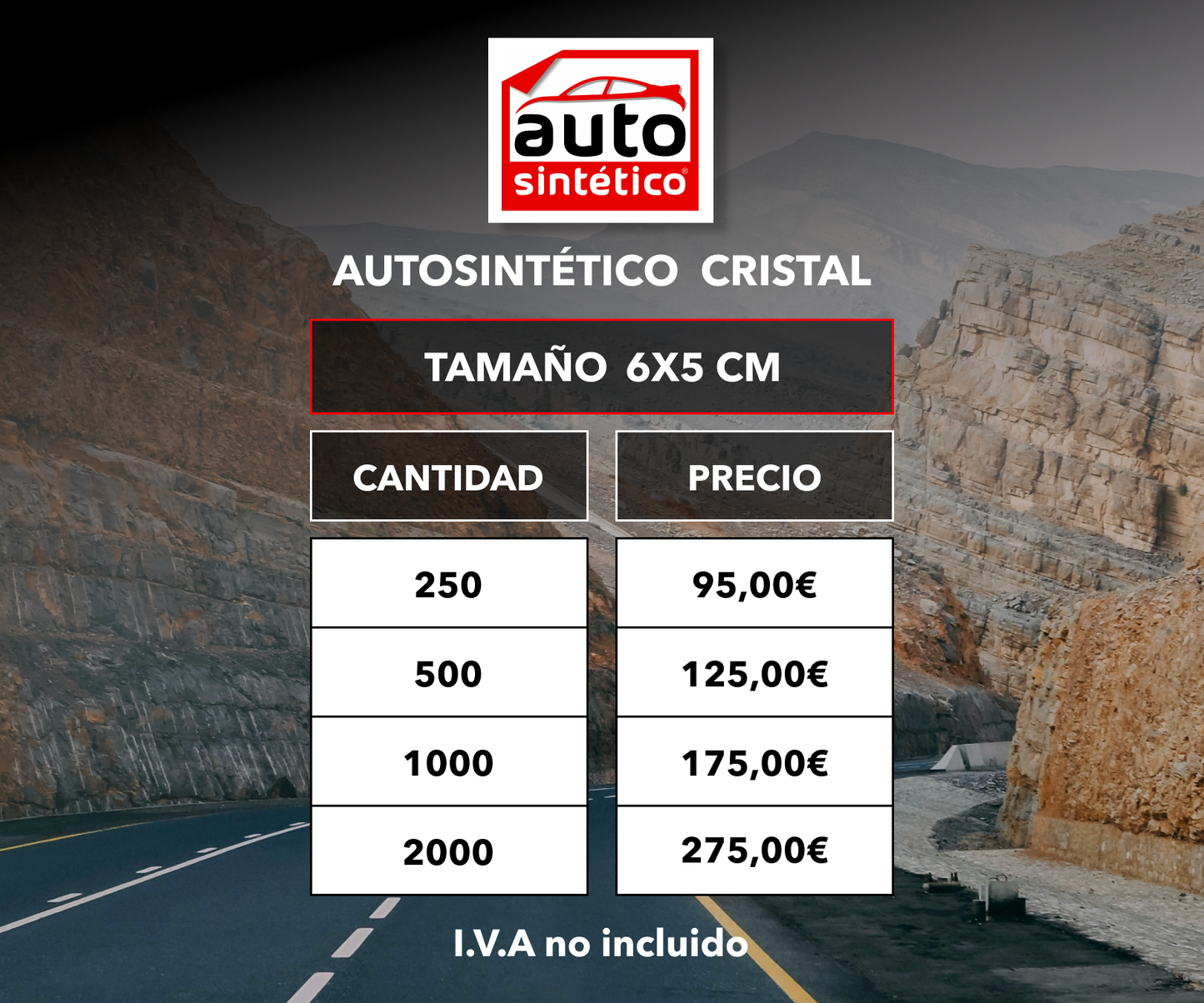 Visual de pegatinas Autosintético Cristal 6x5 cm, mostrando precios desde 95€ para cantidades de 250 a 2000 unidades.