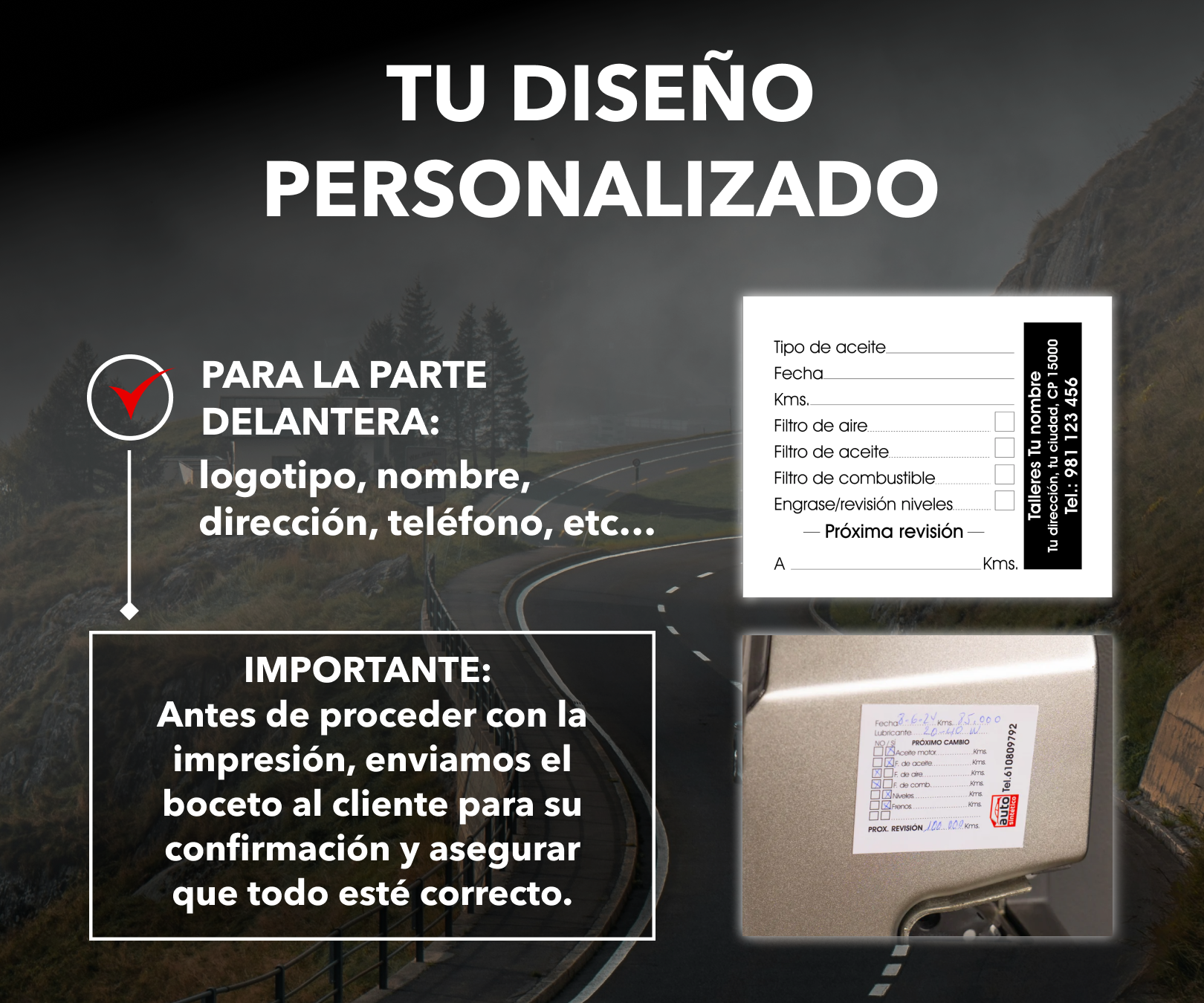 Imagen de pegatina de mantenimiento para coches de Autosintético con diseño personalizado para talleres, incluyendo logotipo, nombre, dirección y teléfono.