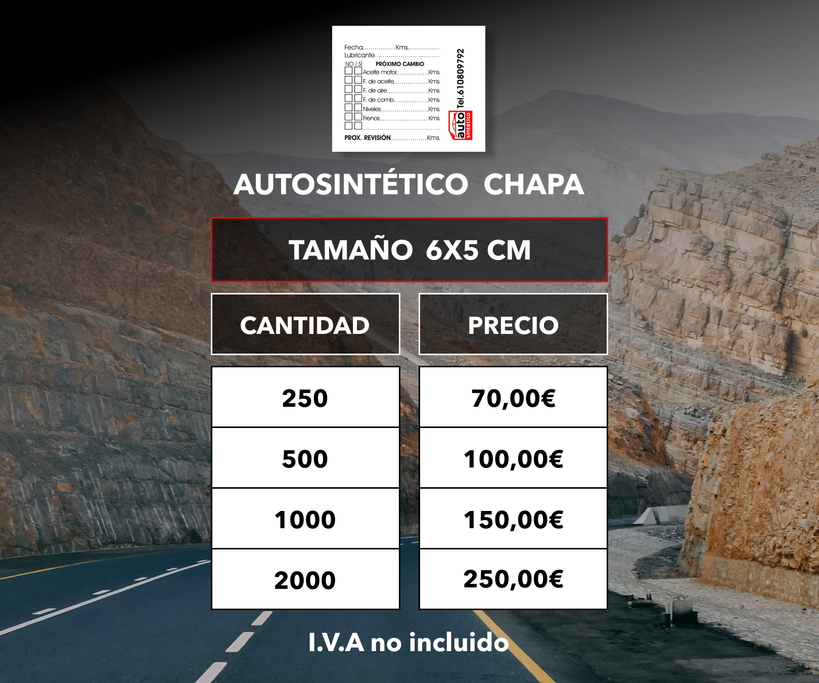 Pegatinas de mantenimiento para coches Autosintético Chapa 6x5 cm - opciones desde 250 unidades.